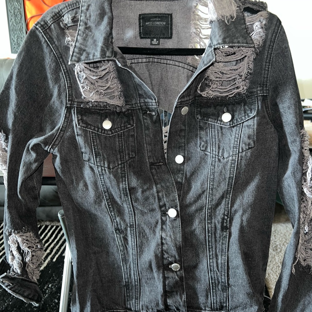 Miss London Distressed Black Denim Jacket